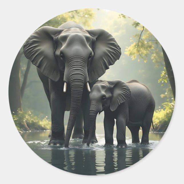 Mama and Baby Elephant in African-Rainforest Classic Round Sticker (Front)
