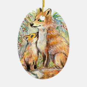 Mama And Baby Fox Ceramic Ornament