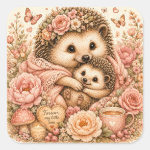 Mama and Baby Hedgehog Cozy Floral Square Sticker