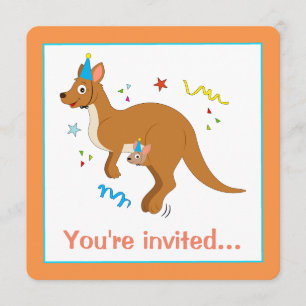 Mama and Baby Kangaroos with Birthday Hats Invitation