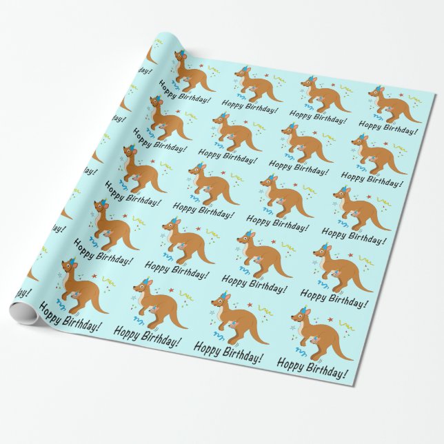 Mama and Baby Kangaroos with Birthday Hats Wrapping Paper (Unrolled)