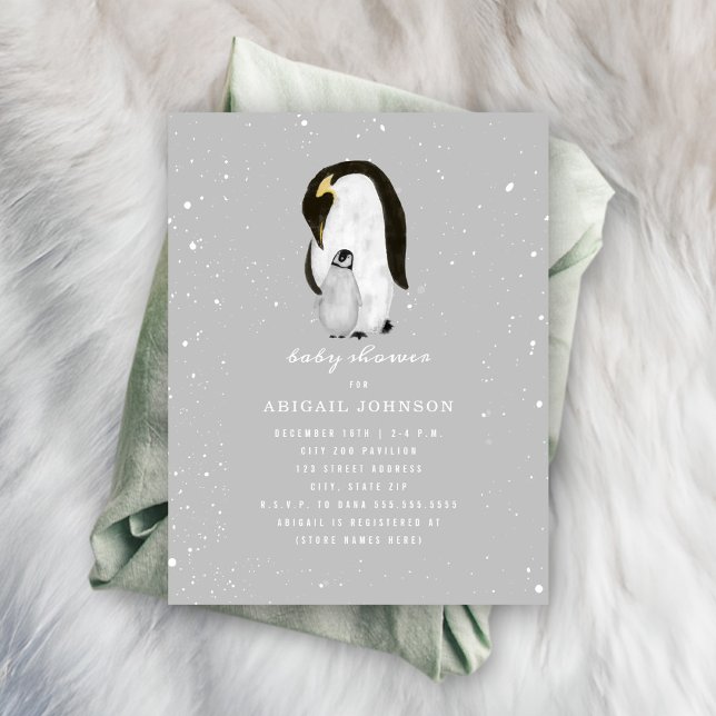 Mama and Baby Penguin Neutral Grey Baby Shower Invitation (Creator Uploaded)