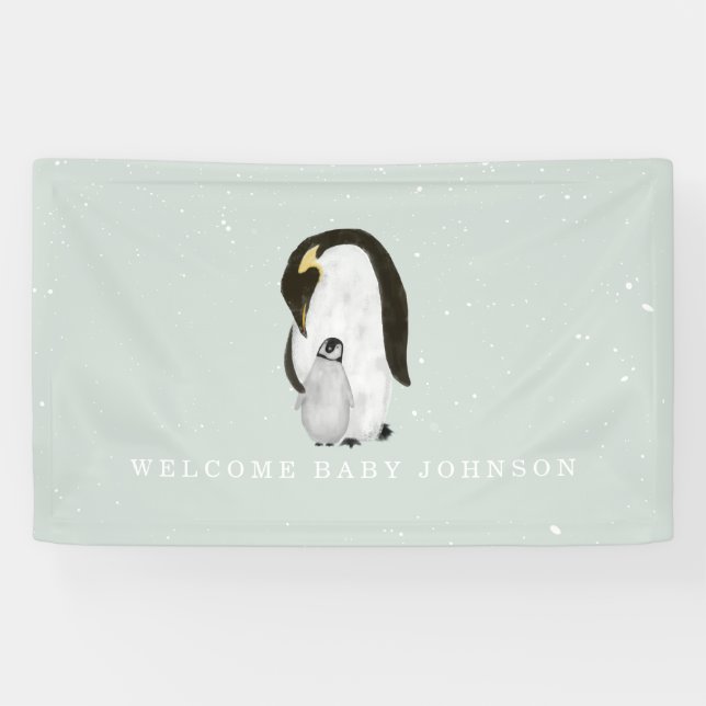 Mama and Baby Penguins Blue Boy Baby Shower Banner (Horizontal)