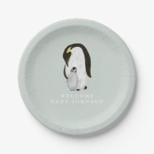 Mama and Baby Penguins Blue Winter Baby Shower Paper Plate