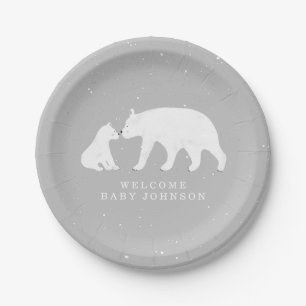 Mama and Baby Polar Bear Gray Winter Baby Shower Paper Plate
