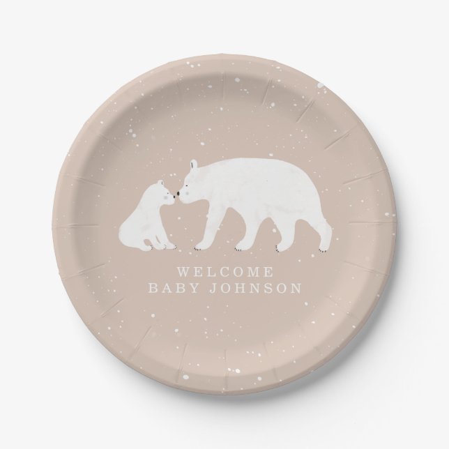Mama and Baby Polar Bear Pink Winter Baby Shower Paper Plate (Front)