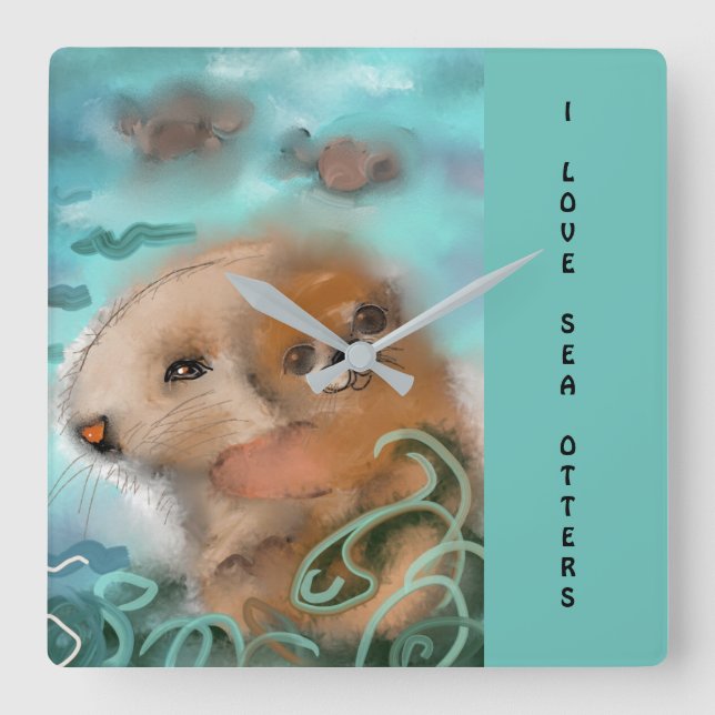 "Mama and Baby Sea Otter" Square Wall Clock (Front)
