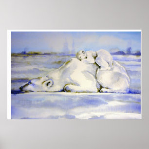Mama and Cub Polar Bear Watercolor Poster