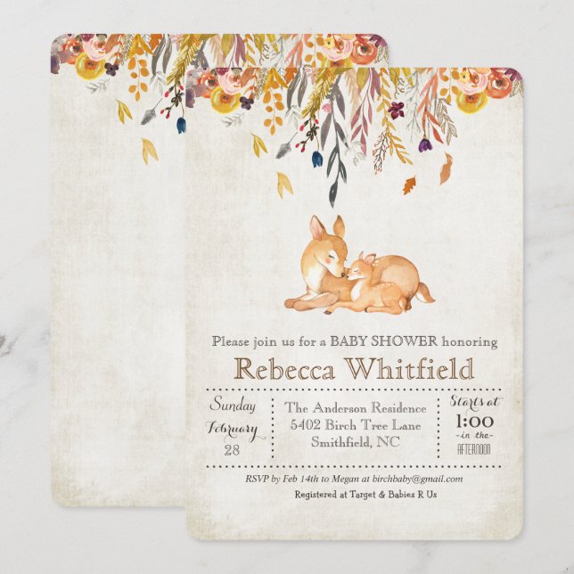 Mama and Deer Fall Leaves Baby Shower Invitation (Front/Back)