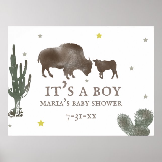 Mama Baby Buffalo Cactus Boy Baby Shower Poster (Front)