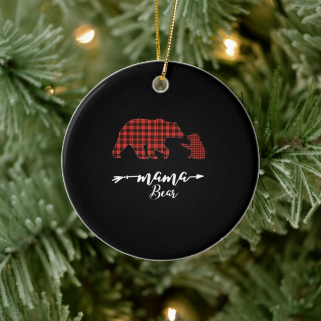 mama Bear 1 Cub red plaid mom christmas pajama Ceramic Ornament (Tree)