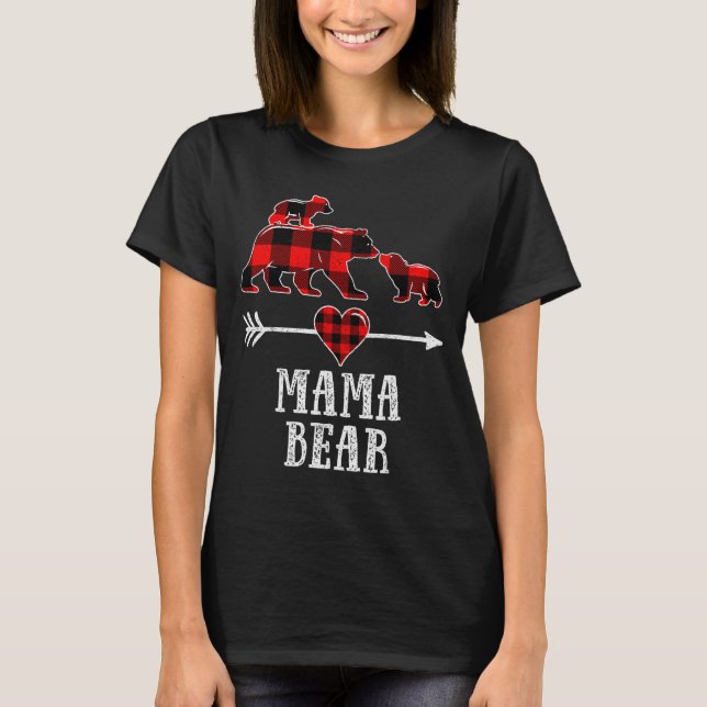 Mama Bear 2 Cubs Shirt, Christmas Mama Bear Plaid  T-Shirt (Front)