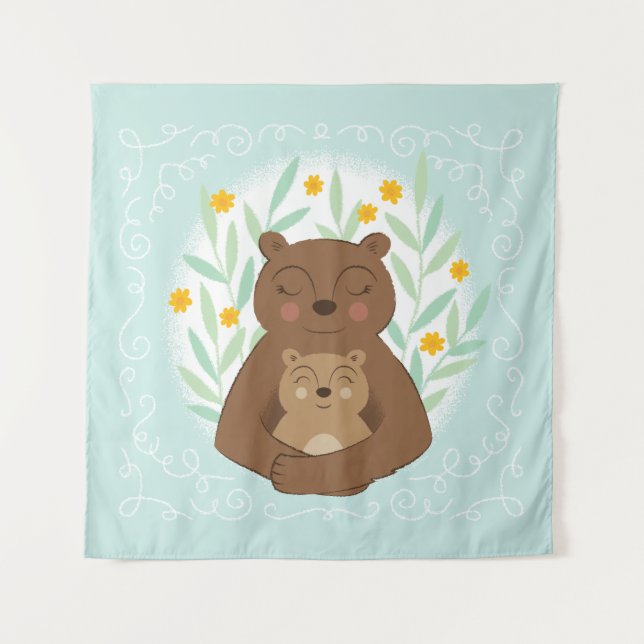 Mama Bear and Baby Bear on Aqua Blue Tapestry (Front)