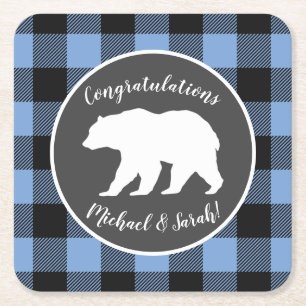 Mama Bear Baby Shower Woodland Lodge Boy Blue Square Paper Coaster