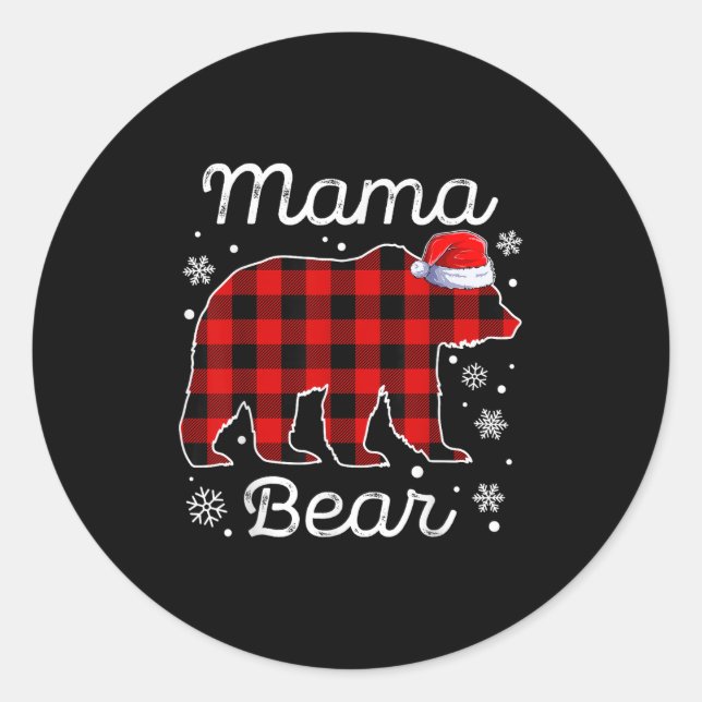 Mama Bear Christmas Pyjamas Red Plaid Buffalo Fami Classic Round Sticker (Front)