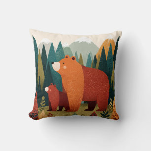 Mama Bear& Cub Mountain Landscape Wildlife Nursery Throw Pillow