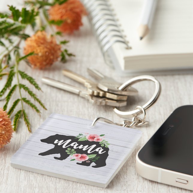 Mama Bear Elegant Rustic Floral Flowers Mom Keychain (Front Right)