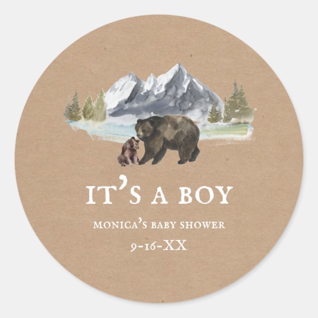Mama Bear Mountains Baby Shower Cardstock Classic Round Sticker (Front)