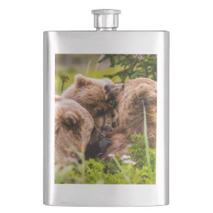 Mama bear nursing her two cubs, Lake Clark Nationa Hip Flask