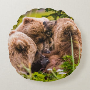 Mama bear nursing her two cubs, Lake Clark Nationa Round Pillow