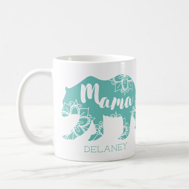 Mama Bear Rustic Country Floral Mint Personalized Coffee Mug (Left)