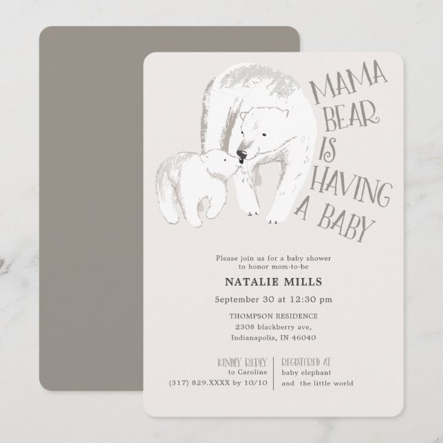 Mama Bear Taupe Baby shower neutre Invitation (Devant / Derrière)