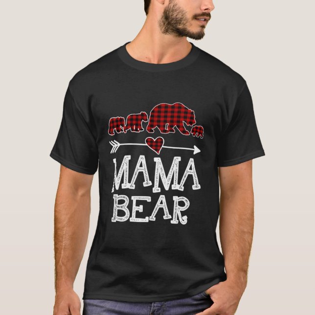 Mama Bear Three Cubs Red Plaid Mama Pajama T-Shirt (Front)