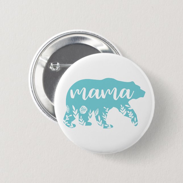 Mama Bear Turquoise Flowers 2 Inch Round Button (Front & Back)