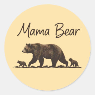 Mama Bear Walking with Cubs Silhouette Vintage Classic Round Sticker