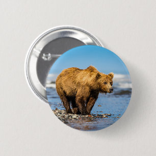 Mama bear watching her two kids 2 inch round button