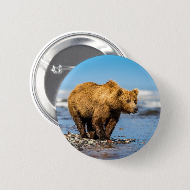 Mama bear watching her two kids 2 inch round button (Front & Back)