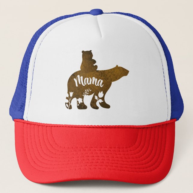 Mama Bear With 1 Cub Riding On Mama's Back Trucker Hat (Front)