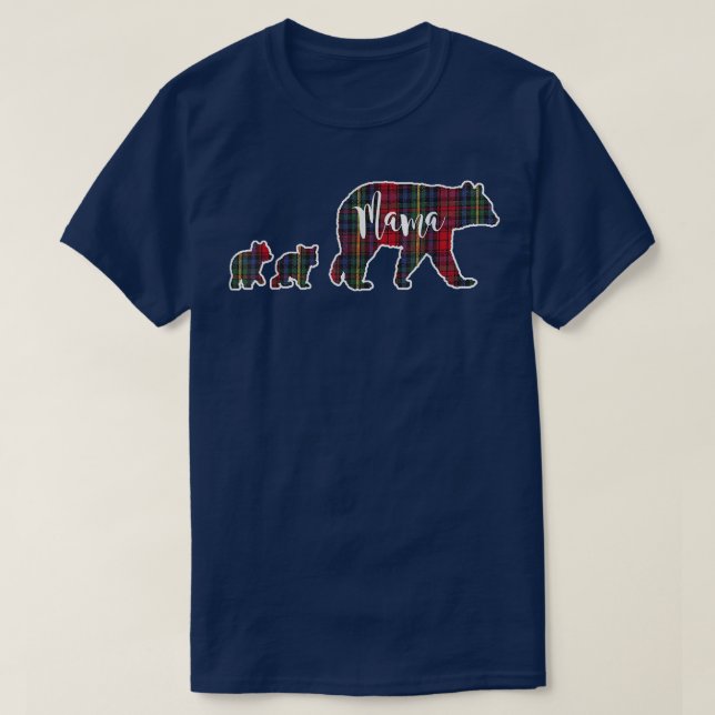 Mama Bear with Two 2 Cubs Tartan Plaid Blue Green  T-Shirt (Design Front)