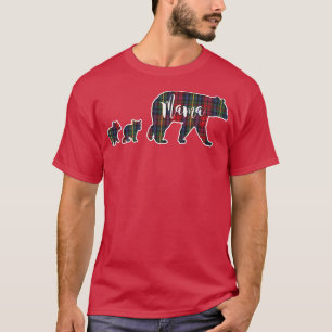 Mama Bear with Two 2 Cubs Tartan Plaid Blue Green  T-Shirt