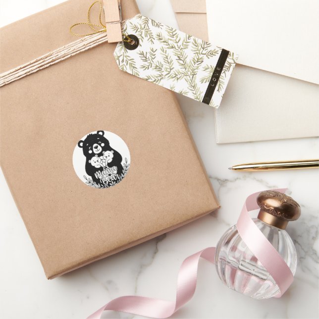 Mama Bear with Two Cubs Heart Line Art Design Classic Round Sticker (Gifting)