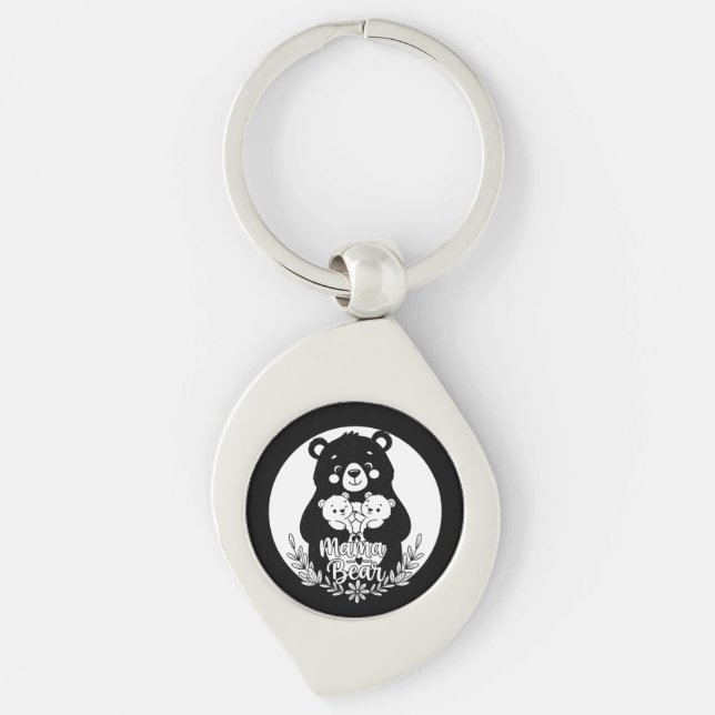 Mama Bear with Two Cubs Heart Line Art Design Keychain (Front)