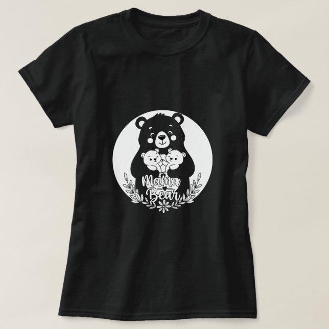 Mama Bear with Two Cubs Heart Line Art Design T-Shirt (Design Front)