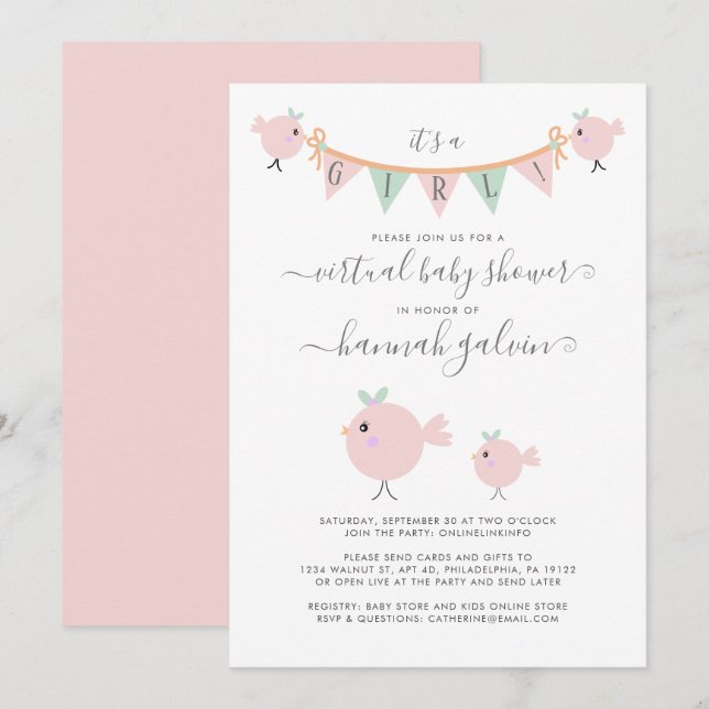 Mama Bird Chick Pink Virtual Baby Girl Shower Invitation (Front/Back)