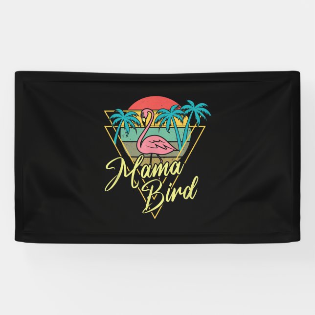 Mama Bird Flamingo Sunset Palm Tree Beach 80s Banner (Horizontal)
