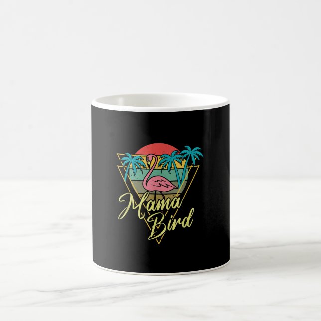 Mama Bird Flamingo Sunset Palm Tree Beach 80s Coffee Mug (Center)