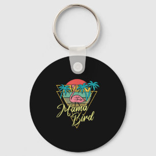 Mama Bird Flamingo Sunset Palm Tree Beach 80s Keychain