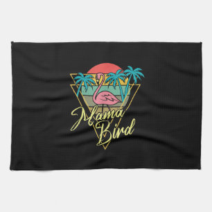 Mama Bird Flamingo Sunset Palm Tree Beach 80s Kitchen Towel