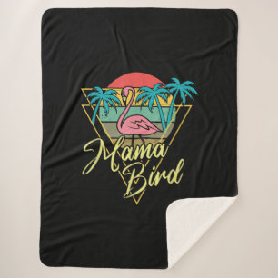 Mama Bird Flamingo Sunset Palm Tree Beach 80s Sherpa Blanket