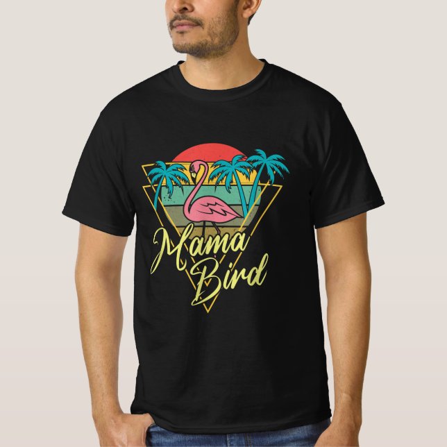 Mama Bird Flamingo Sunset Palm Tree Beach 80s T-Shirt (Front)