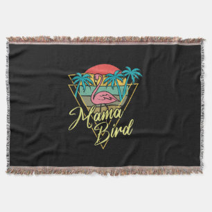 Mama Bird Flamingo Sunset Palm Tree Beach 80s Throw Blanket