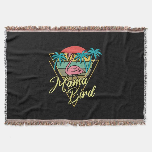 Mama Bird Flamingo Sunset Palm Tree Beach 80s Throw Blanket (Front)