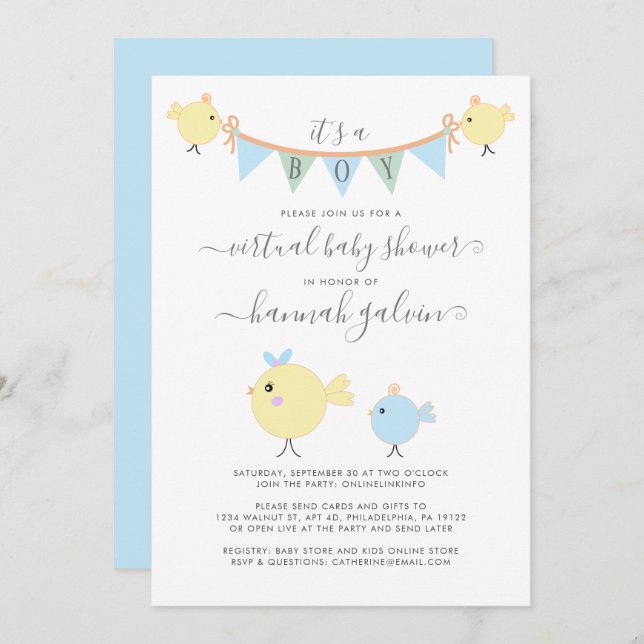 Mama Bird Little Chick Virtual Baby Boy Shower Invitation (Front/Back)