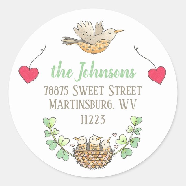 Mama Bird Return Address Classic Round Sticker (Front)