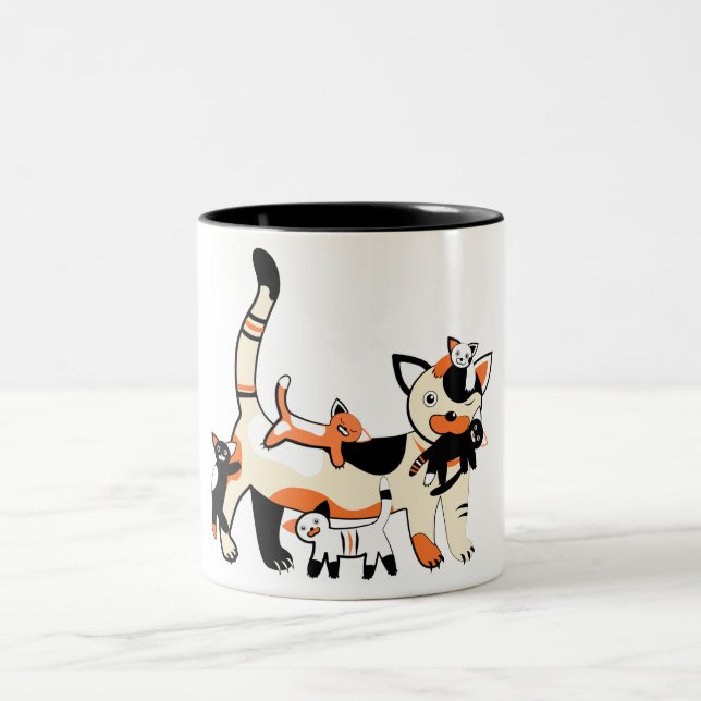 Mama cat with kittens funny picture. Two-Tone coffee mug (Center)