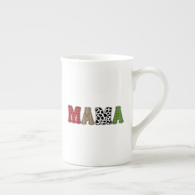 Mama Christmas Plaid Pattern Design Bone China Mug (Right)
